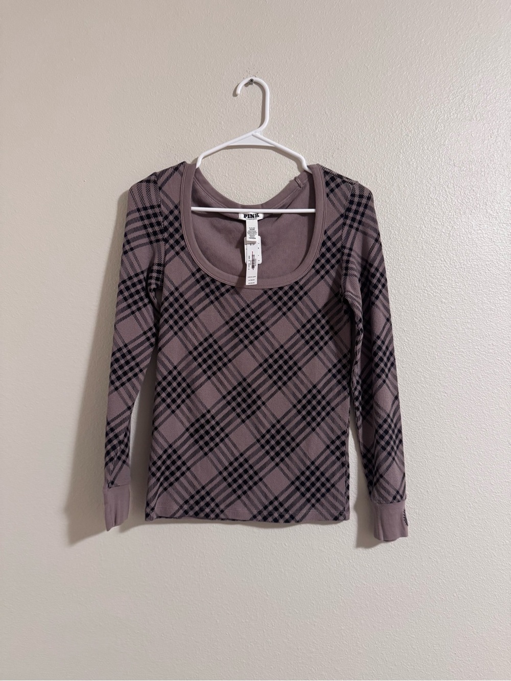 PINK Victoria's Secret Mauve Plaid Scoop Neck Long Sleeve Top